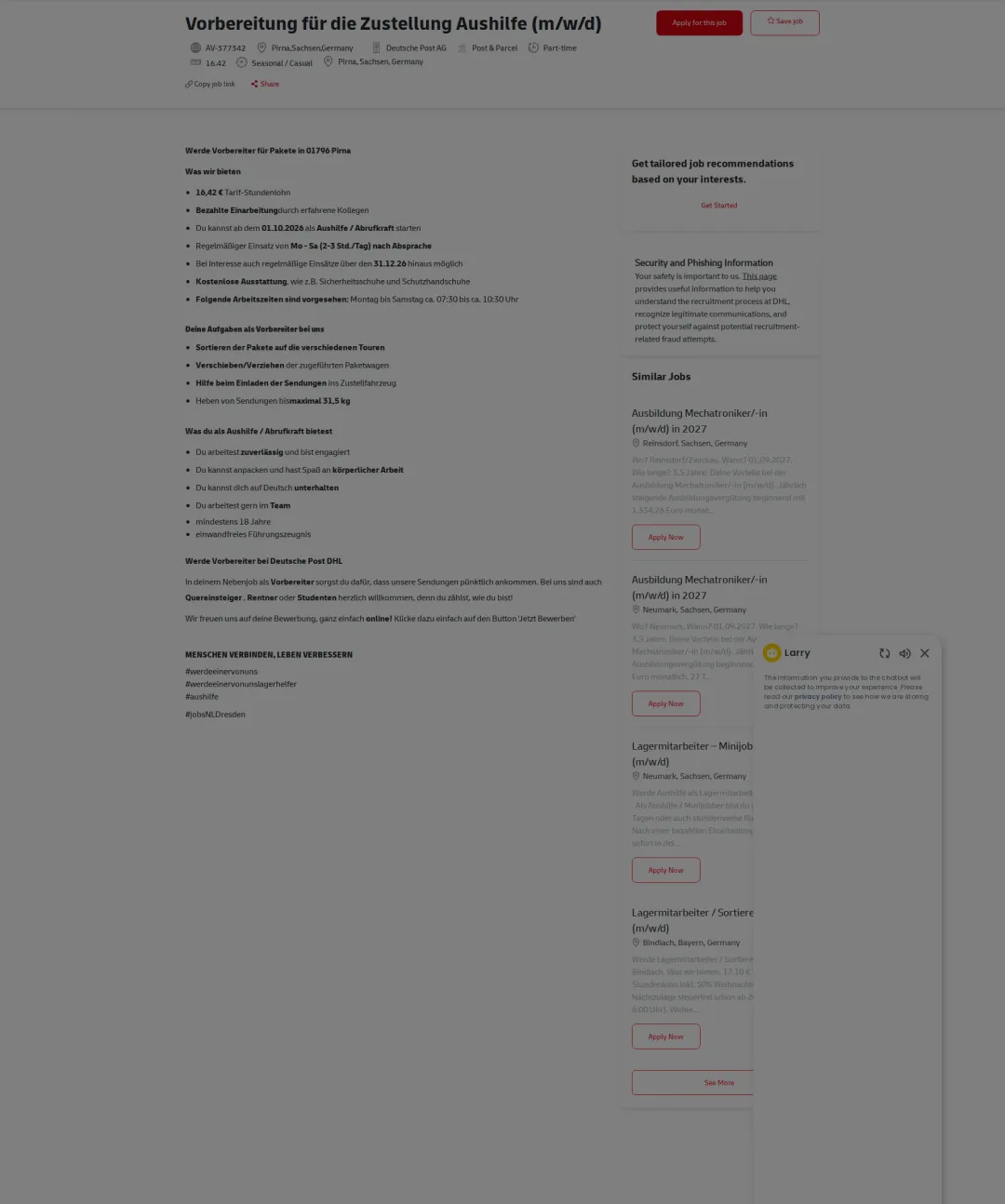 DHL Vorbereitung für die Zustellung Aushilfe (m/w/d) 채용공고