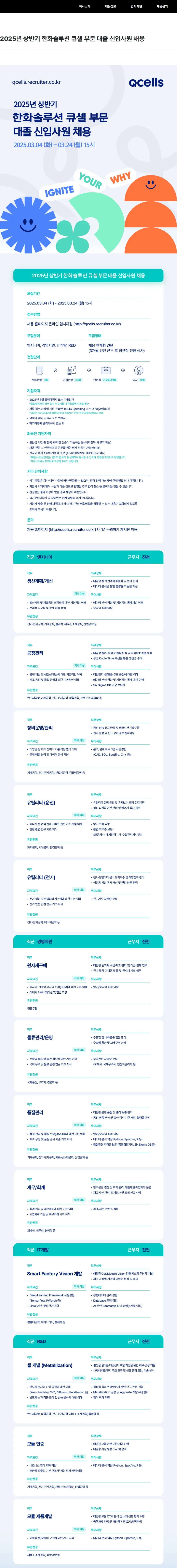 한화큐셀 2025년 상반기 한화솔루션 큐셀 부문 대졸 신입사원 채용 채용공고