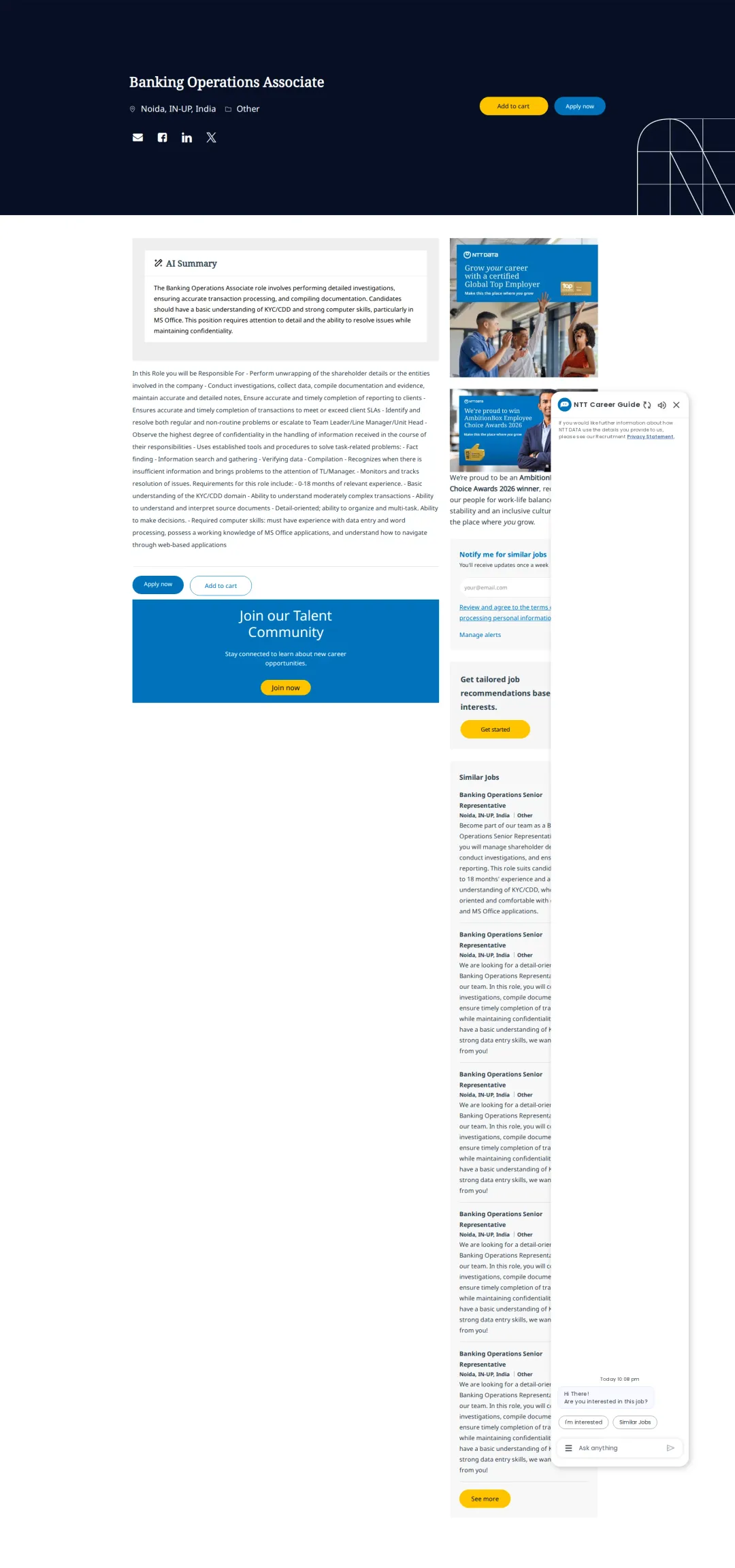 NTT데이터 Banking Operations Associate 채용공고