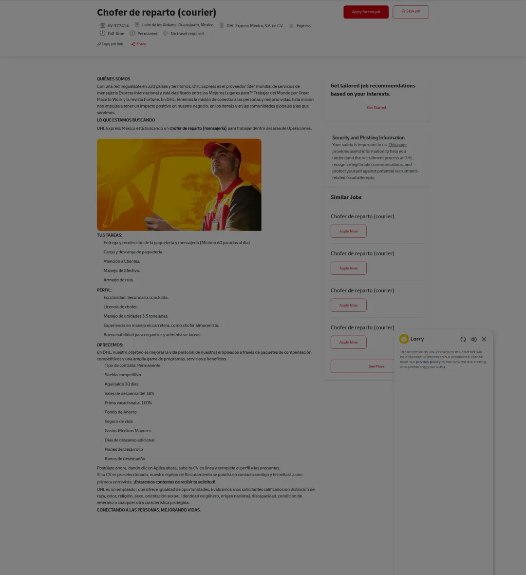 DHL Chofer de reparto (courier) 채용공고