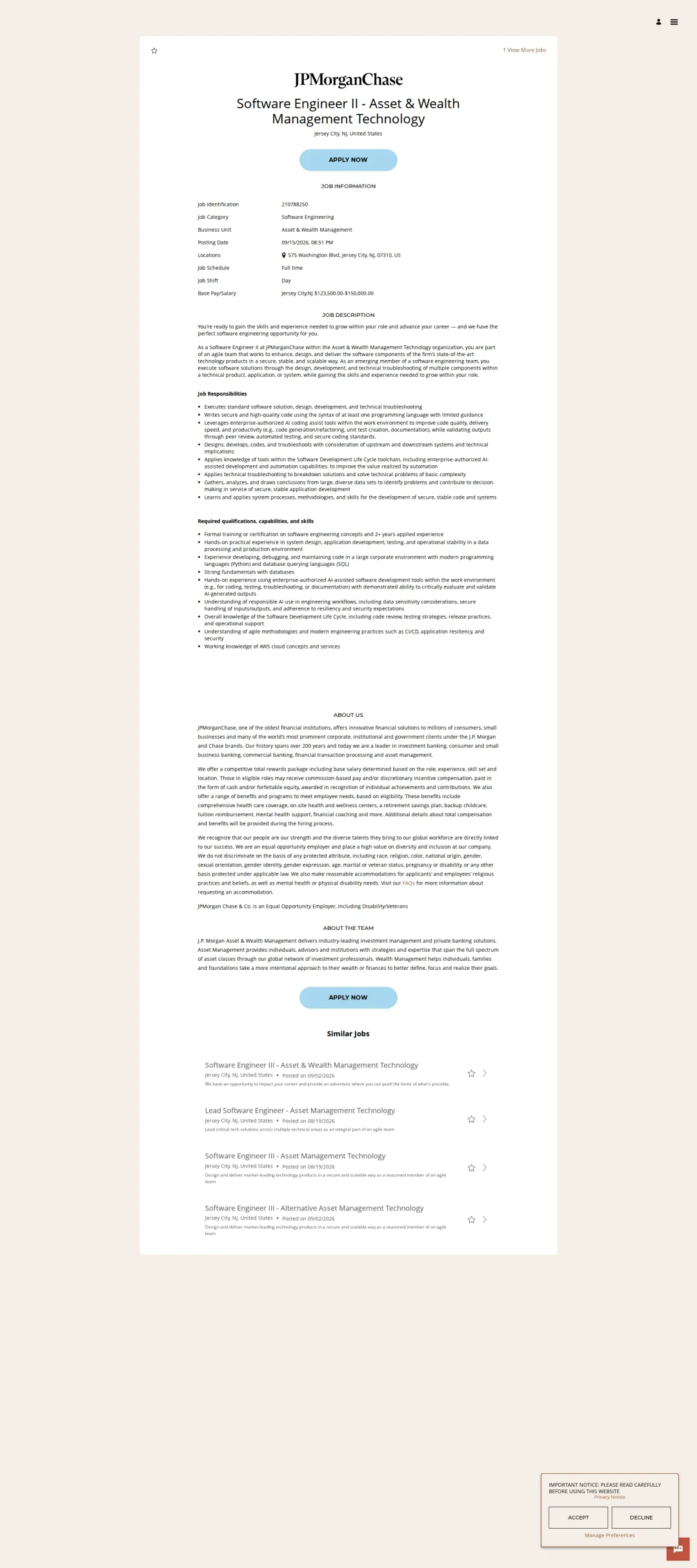 JPMorganChase Software Engineer II - Asset & Wealth Management Technology 채용공고