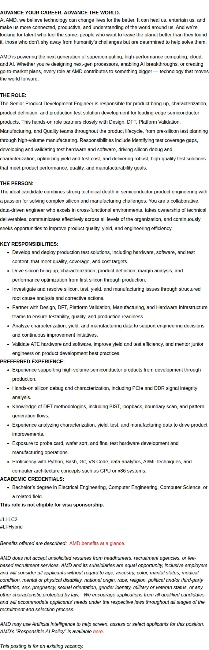 AMD Senior PDE, Test and Product Engineering, Client APU 채용공고