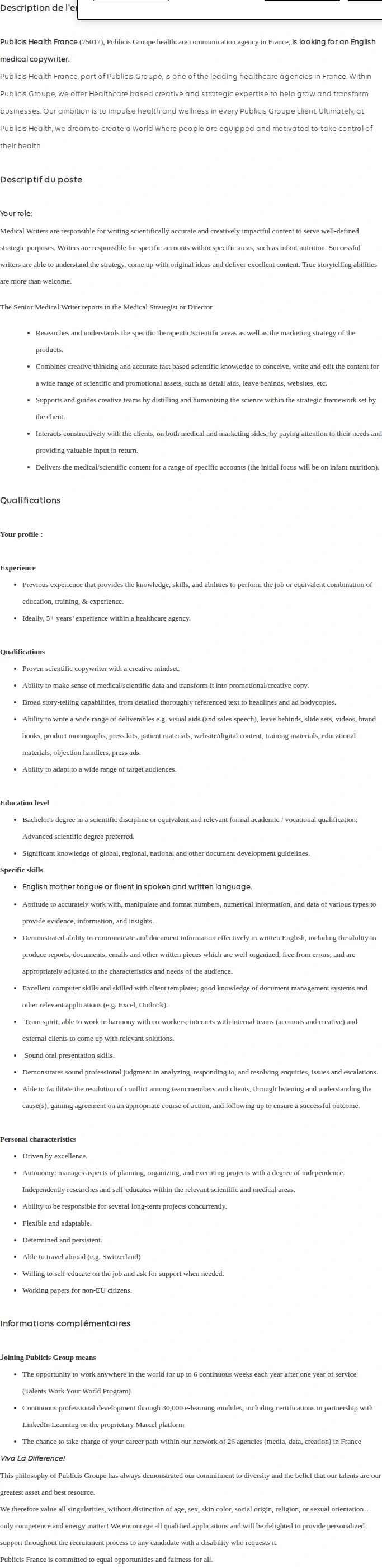 Publicis Groupe Senior Medical Copywriter (M/F) - CDI 채용공고