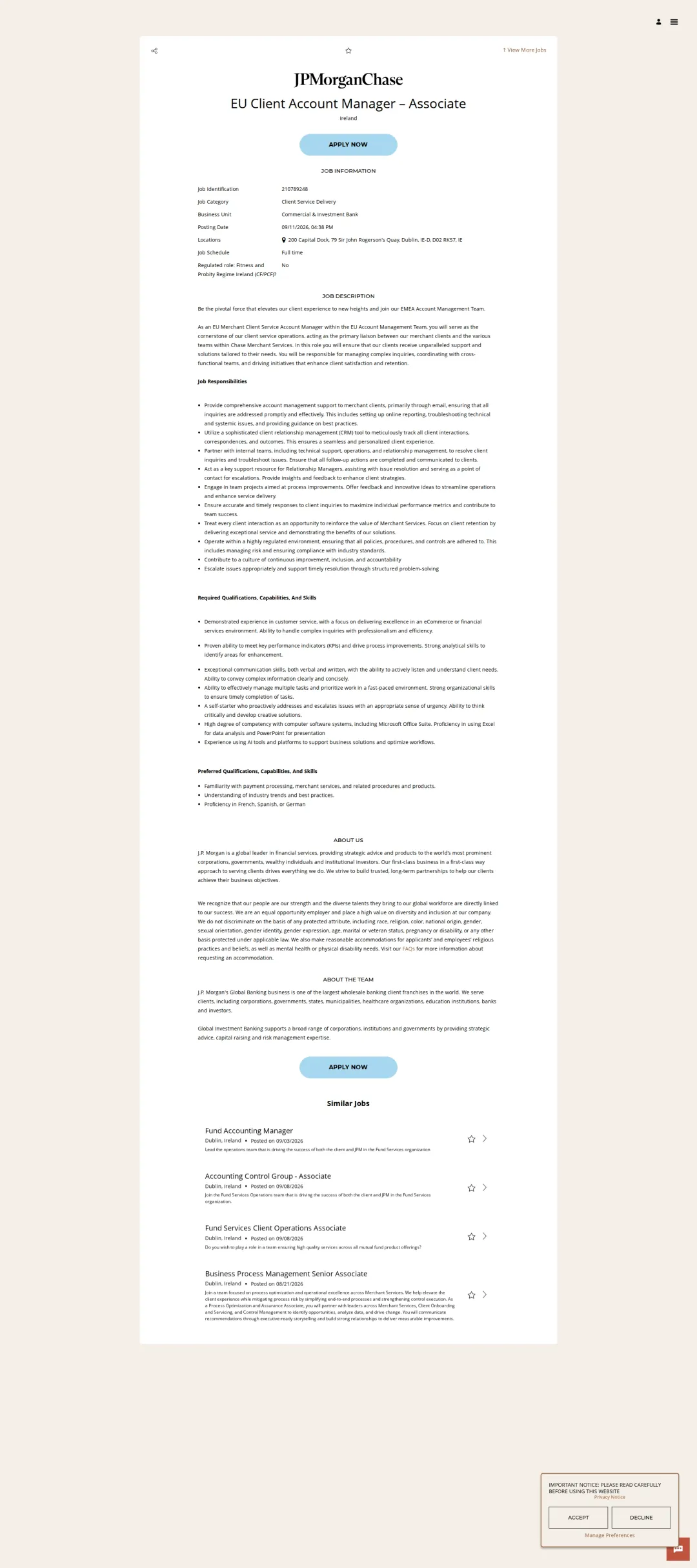 JPMorganChase EU Client Account Manager – Associate 채용공고