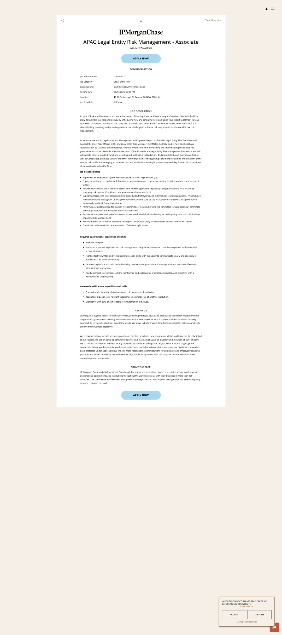 JPMorganChase APAC Legal Entity Risk Management - Associate 채용공고