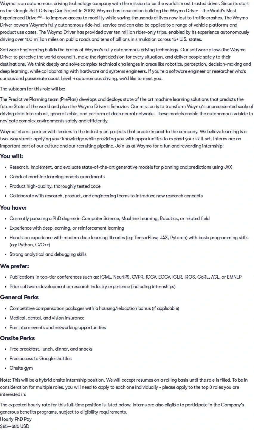 웨이모 2027 Summer Intern, PhD, Machine Learning Research, Planning/Prediction 채용공고