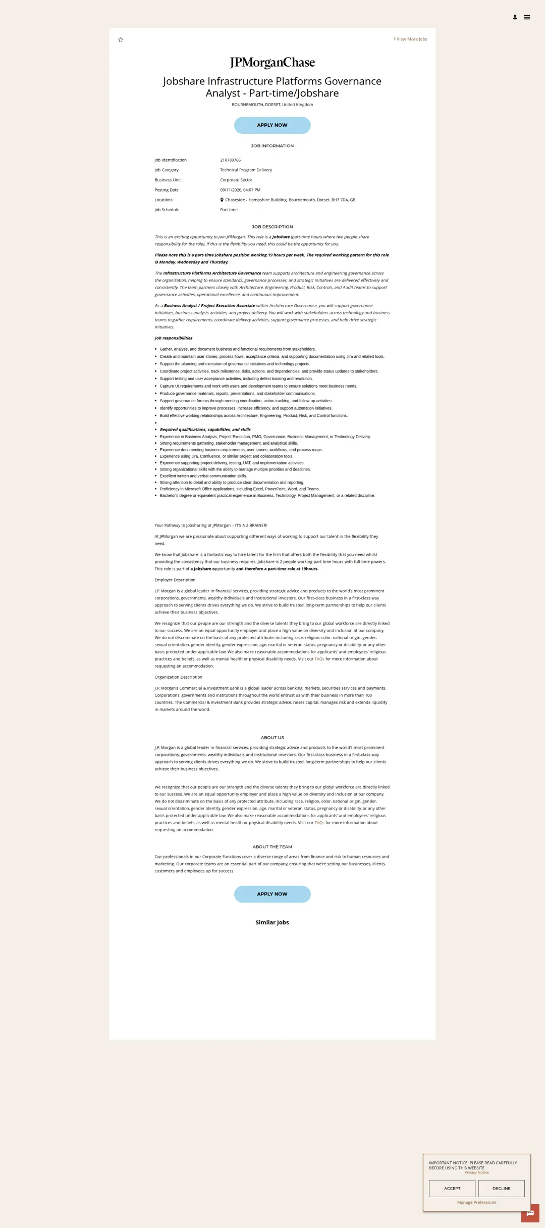 JPMorganChase Jobshare Infrastructure Platforms Governance Analyst - Part-time/Jobshare 채용공고