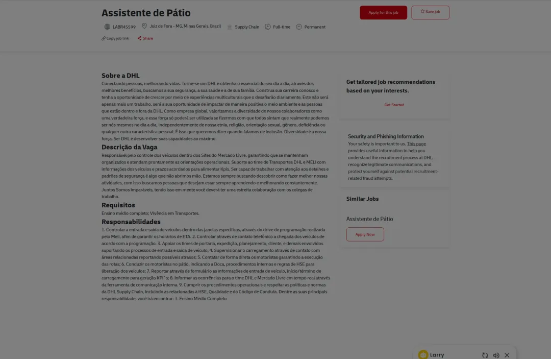 DHL Assistente de Pátio 채용공고