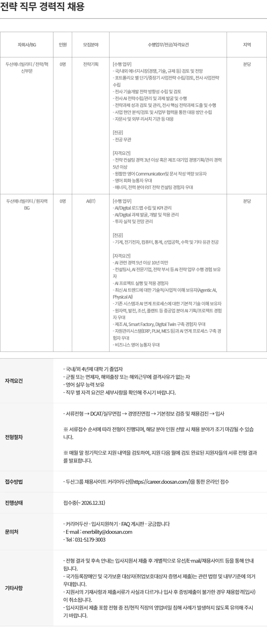 두산에너빌리티 전략 직무 경력직 채용 채용공고