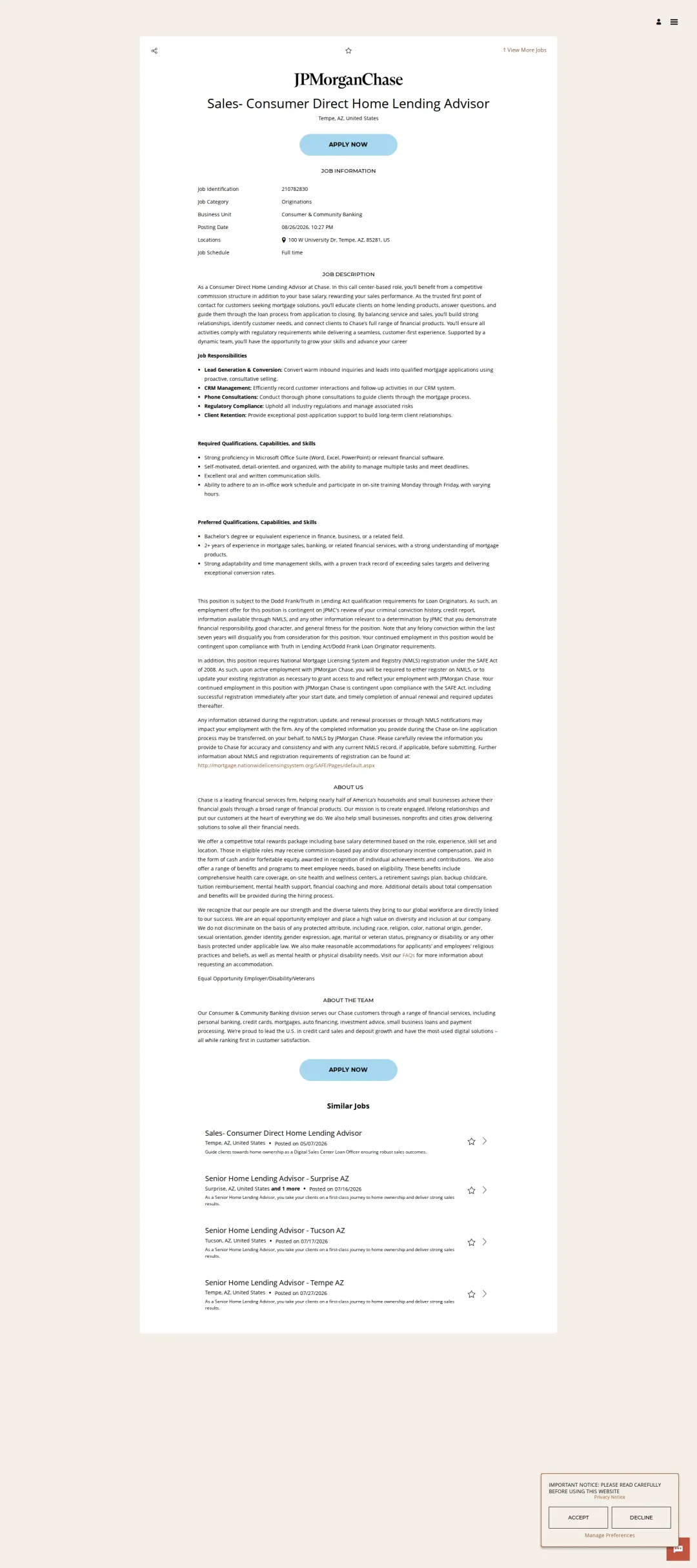 JPMorganChase Sales- Consumer Direct Home Lending Advisor 채용공고
