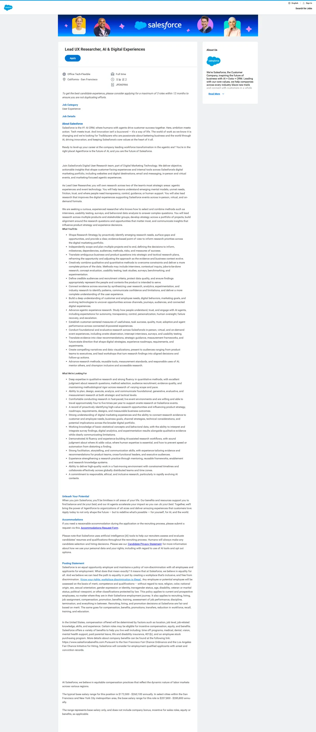 Salesforce Lead UX Researcher, AI & Digital Experiences 채용공고