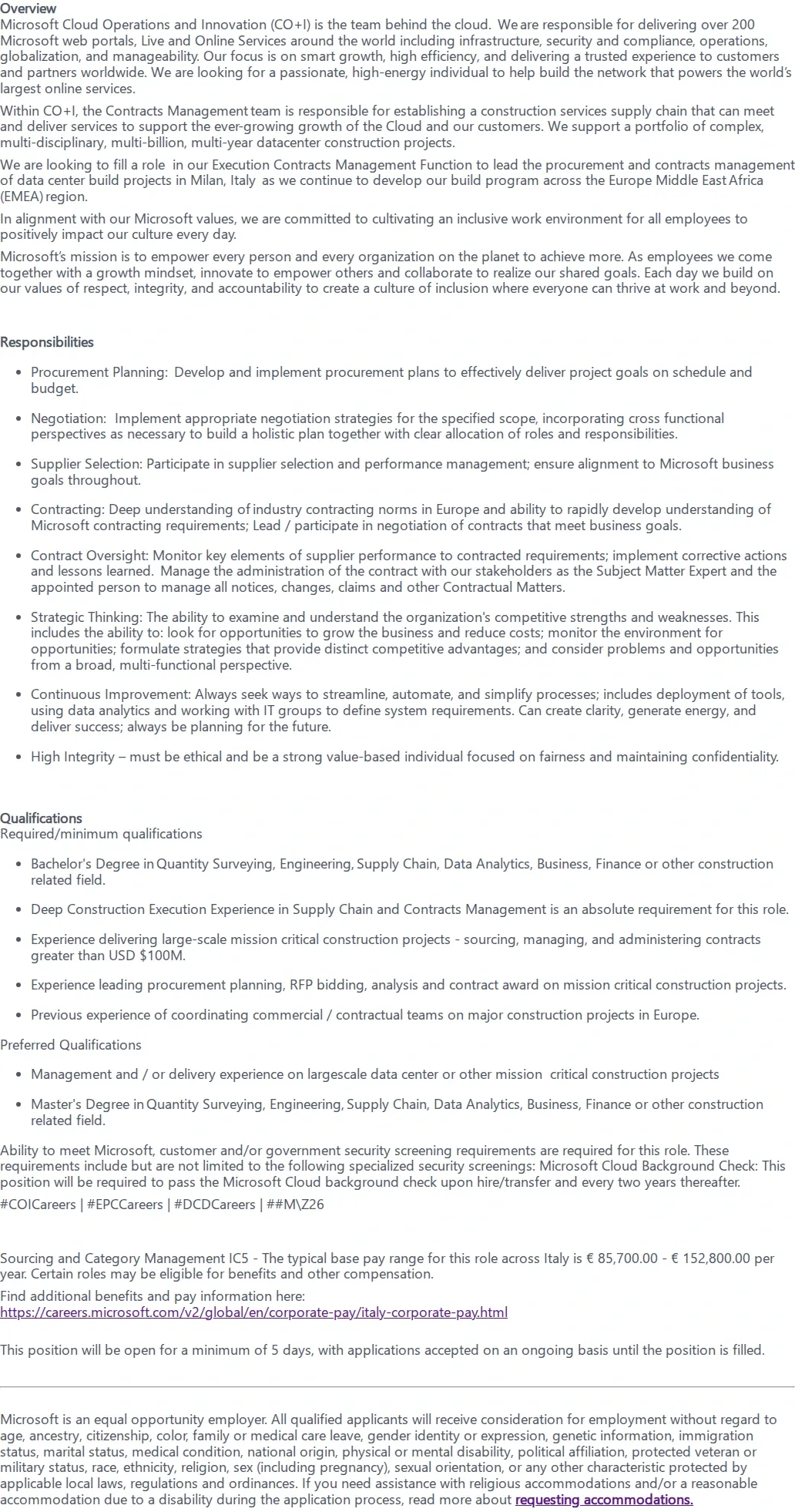 마이크로소프트(Microsoft) Sourcing and Category Management -  Contracts Manager 채용공고