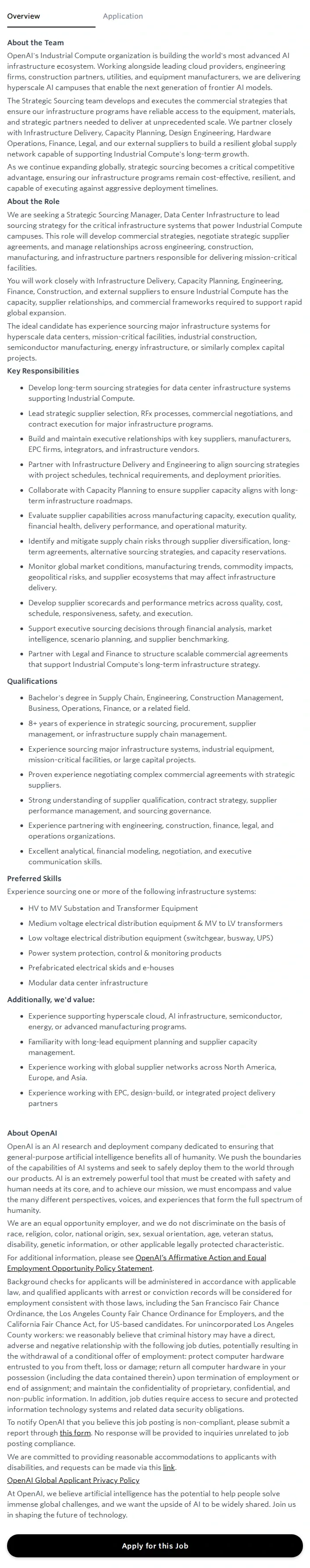 오픈에이아이(OpenAI) Strategic Sourcing Manager, Data Center Infrastructure, Electrical 채용공고