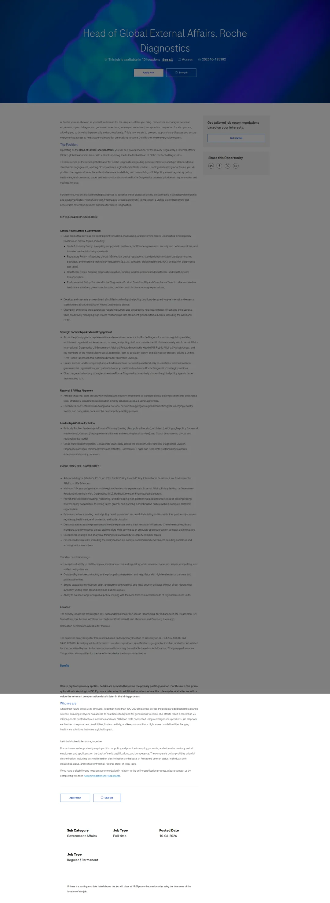 [로슈] Head of Global External Affairs, Roche Diagnostics 채용 | 기획_전략_경영