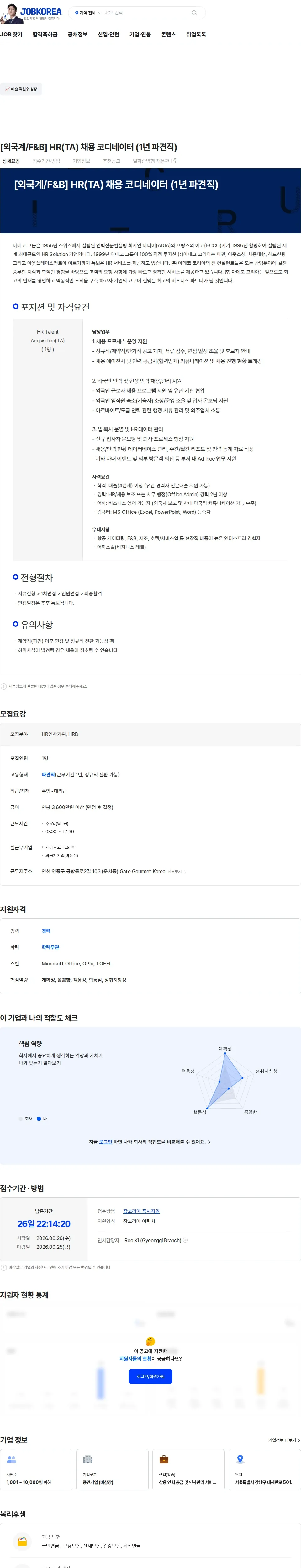 게이트고메코리아 [외국계/F&B] HR(TA) 채용 코디네이터 (1년 파견직) 채용공고