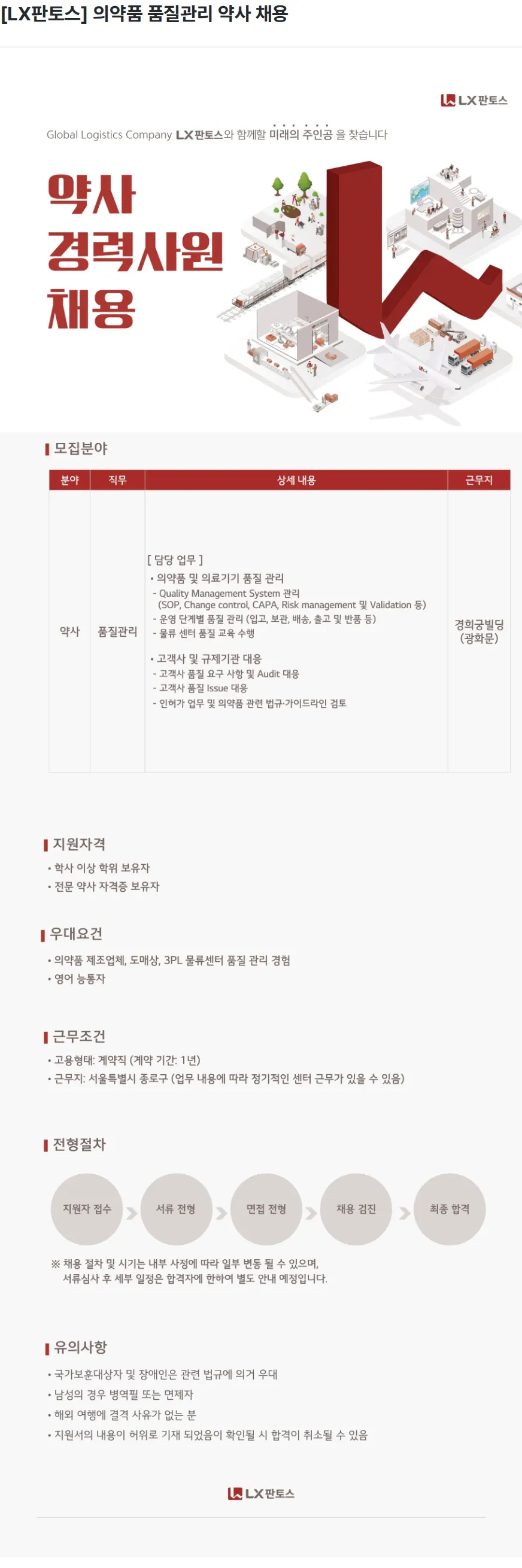 엘엑스판토스 [LX판토스] 의약품 품질관리 약사 채용 채용공고