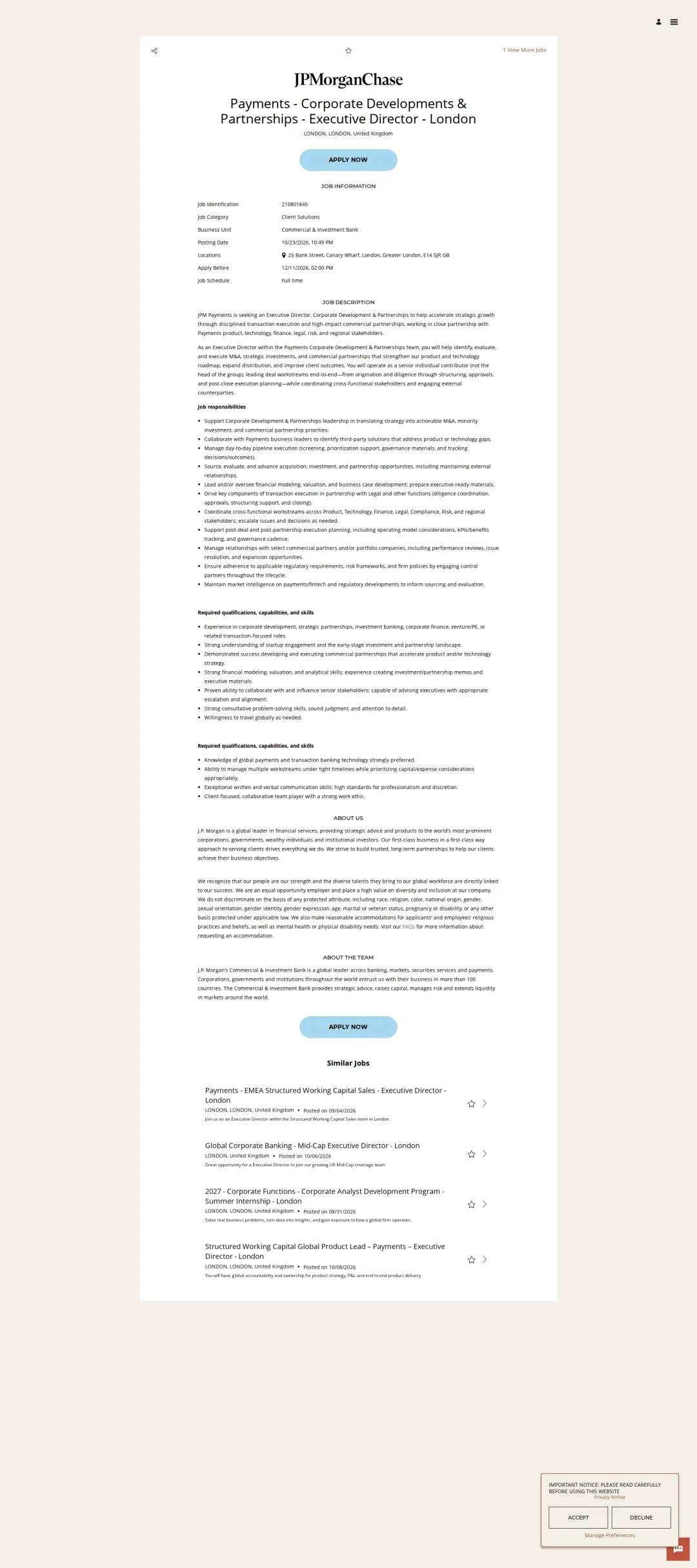 JPMorganChase Payments - Corporate Developments & Partnerships  - Executive Director - London 채용공고