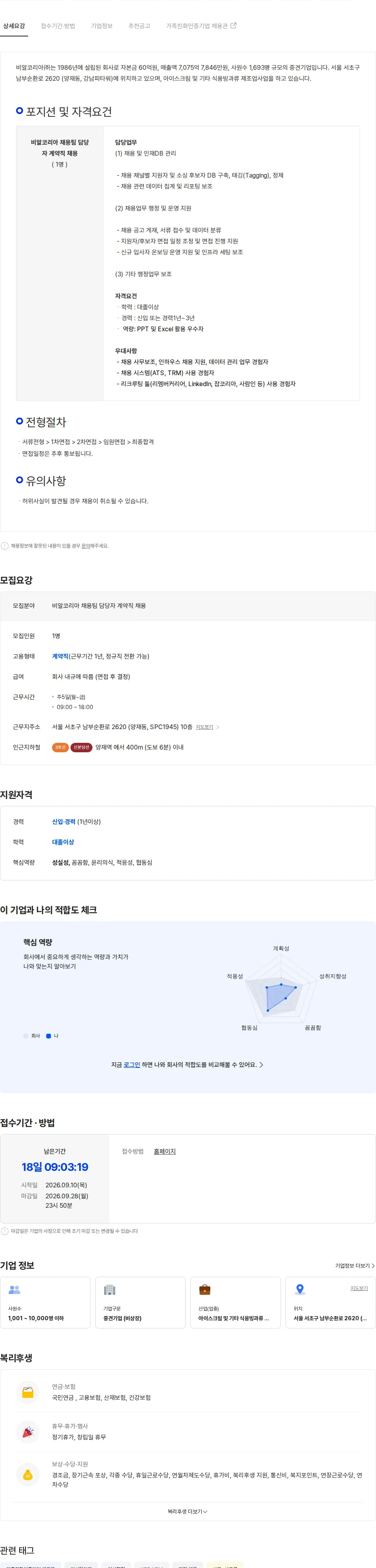 SPC비알코리아 [비알코리아] 채용팀 담당자 (계약직) 채용 채용공고
