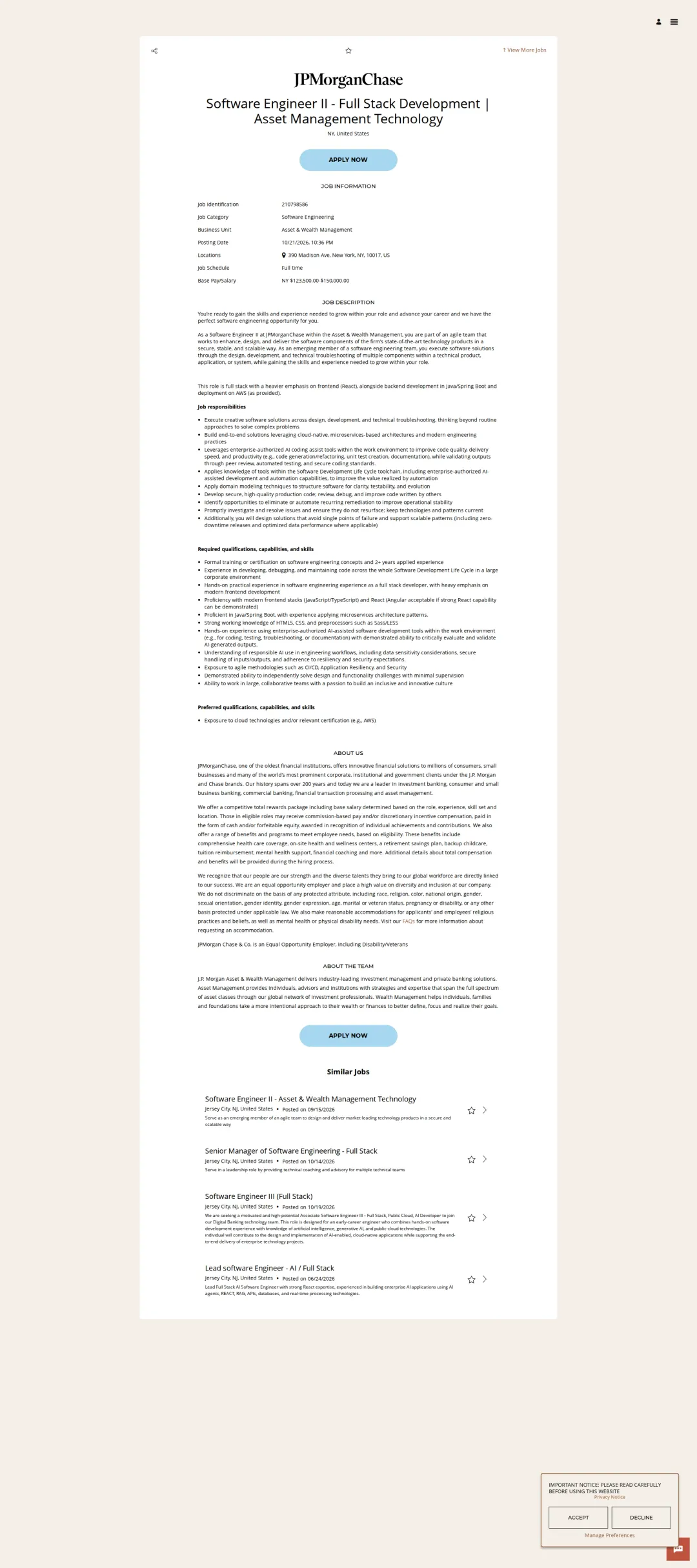 JPMorganChase Software Engineer II - Full Stack Development | Asset Management Technology 채용공고
