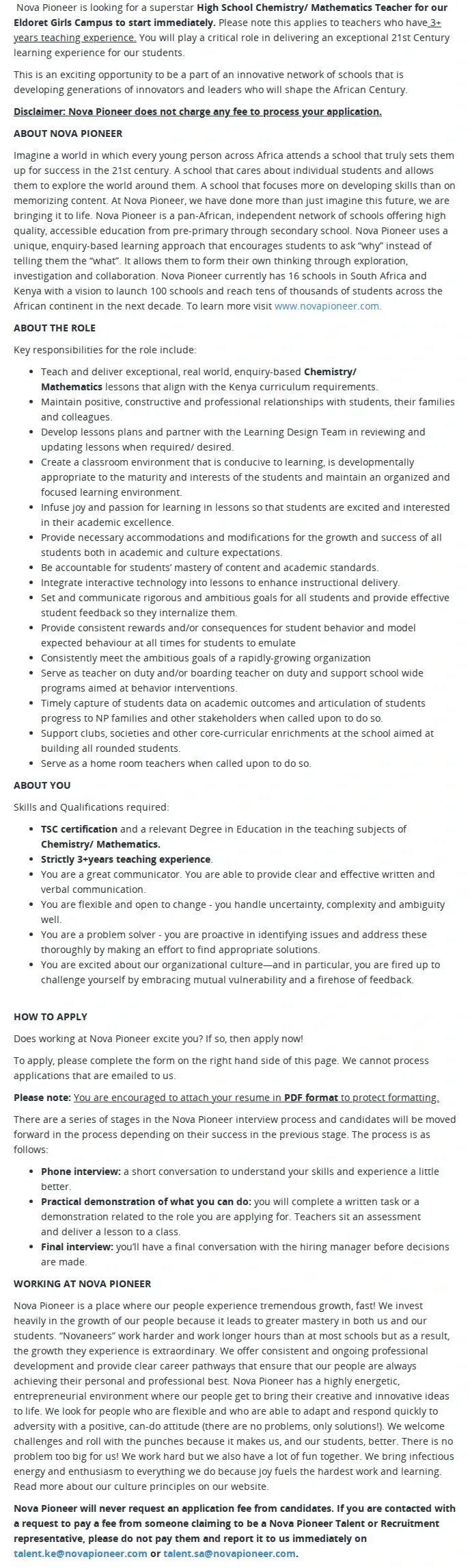 Nova Pioneer High School Chemistry/ Mathematics Teacher -Re-advertised(Eldoret Girls) 채용공고