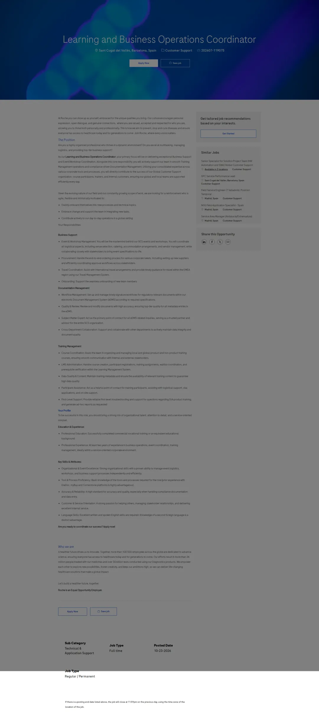 로슈 Learning and Business Operations Coordinator 채용공고