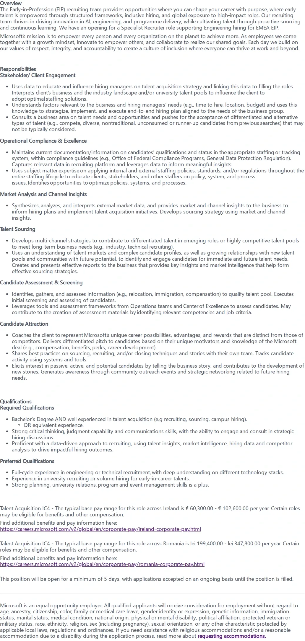 마이크로소프트(Microsoft) Specialist Recruiter, Early-in-Profession 채용공고