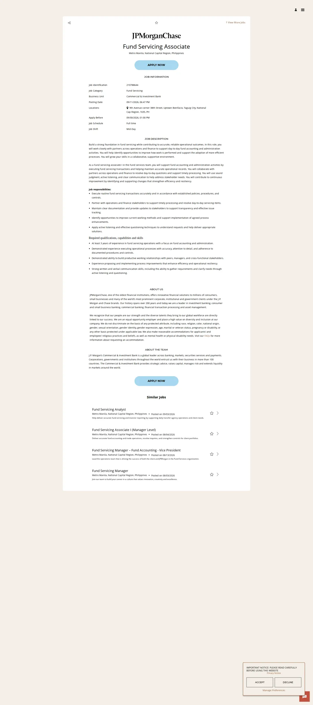 JPMorganChase Fund Servicing Associate 채용공고