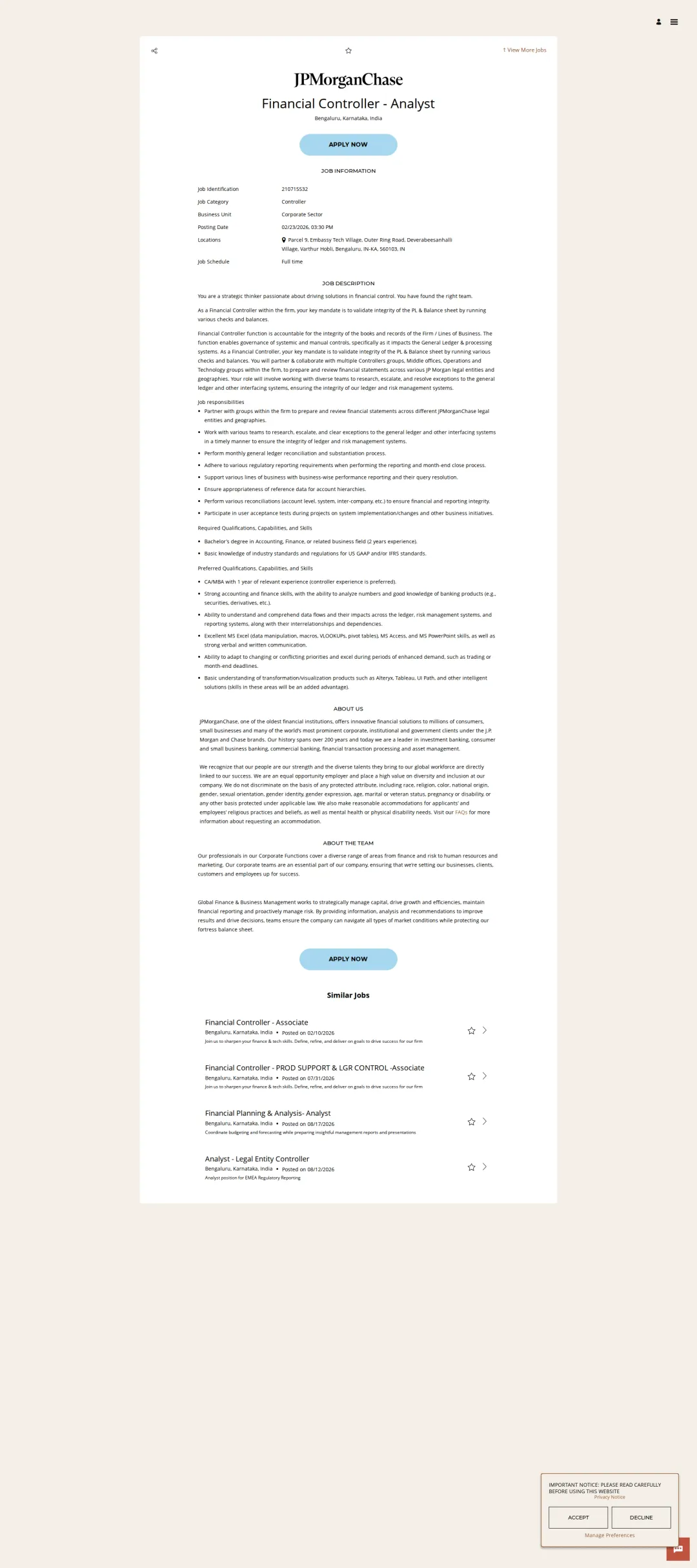 JPMorganChase Financial Controller - Analyst 채용공고