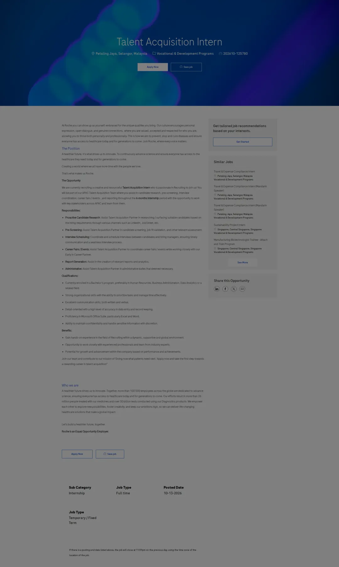 로슈 Talent Acquisition Intern 채용공고