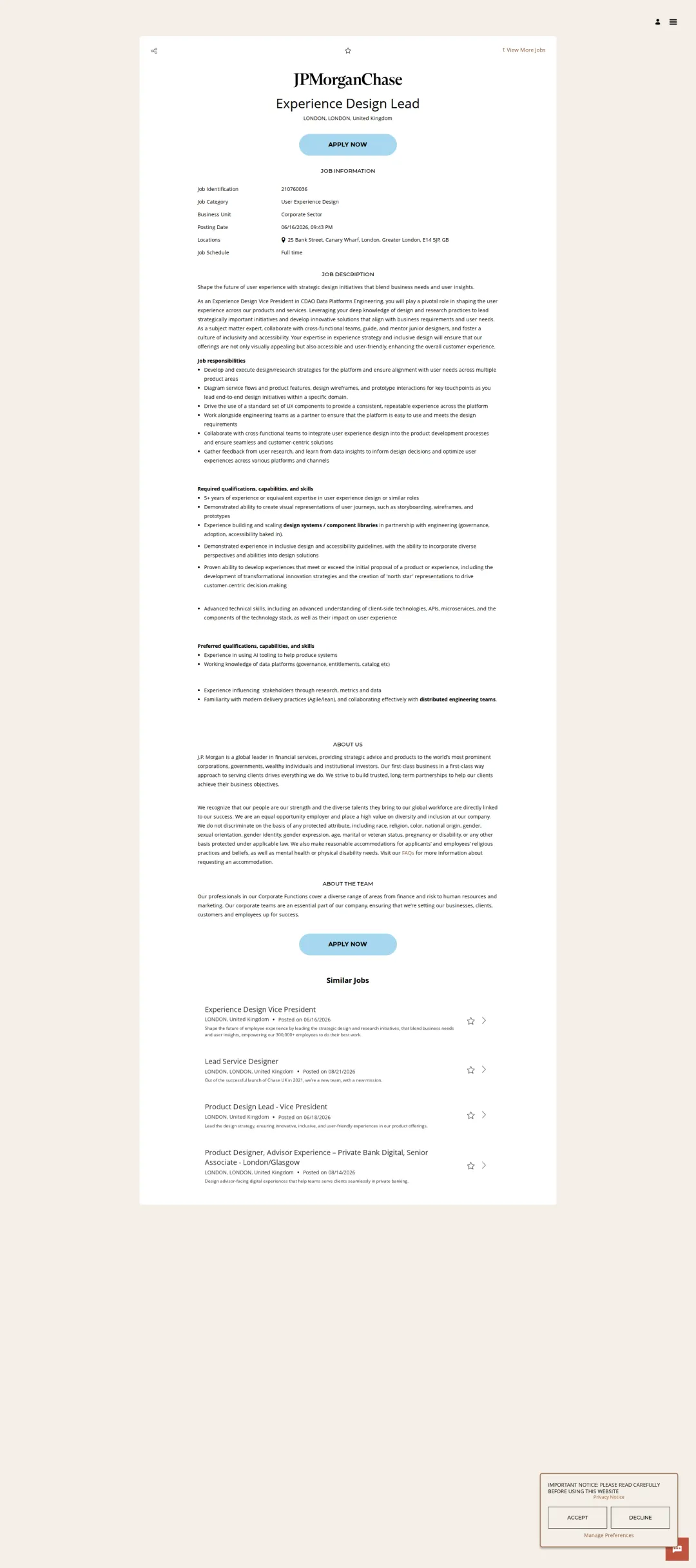 JPMorganChase Experience Design Lead 채용공고