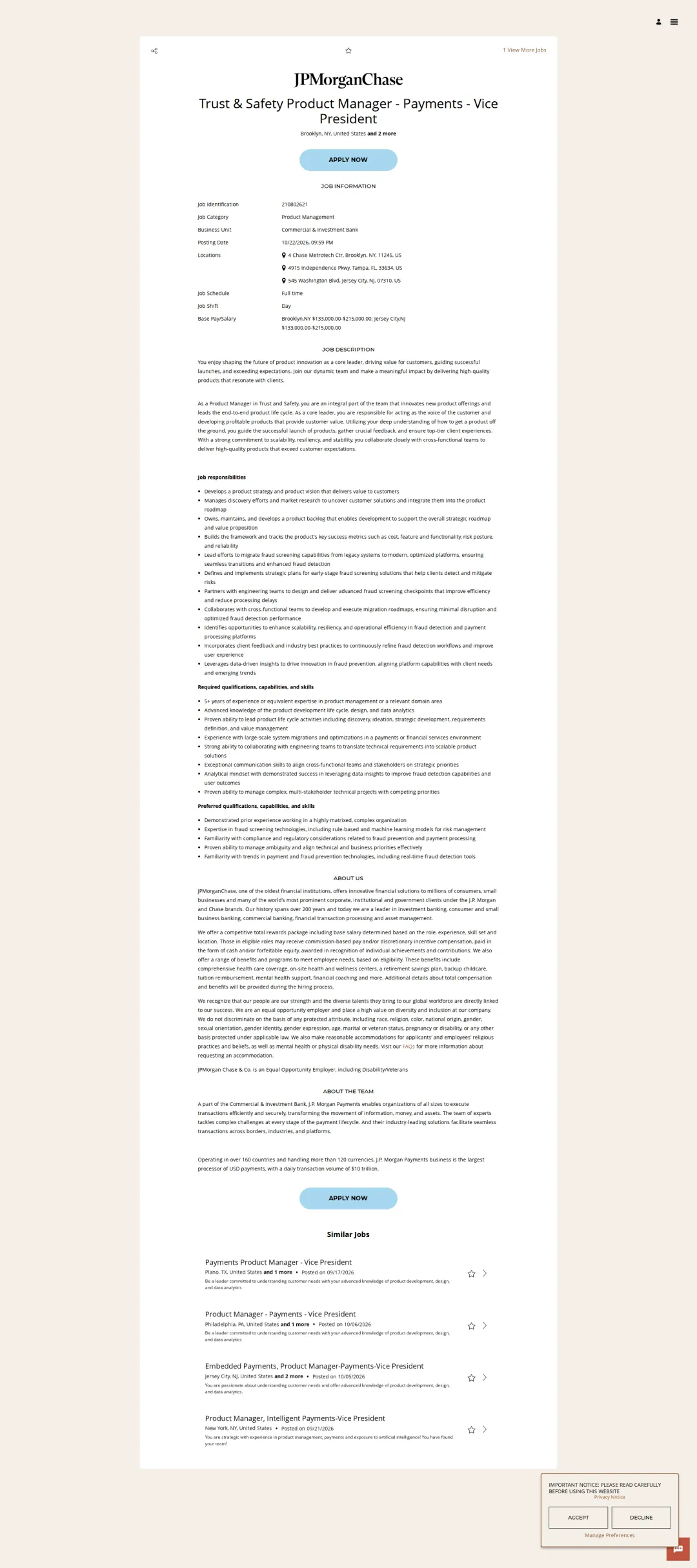 JPMorganChase Trust & Safety Product Manager - Payments - Vice President 채용공고