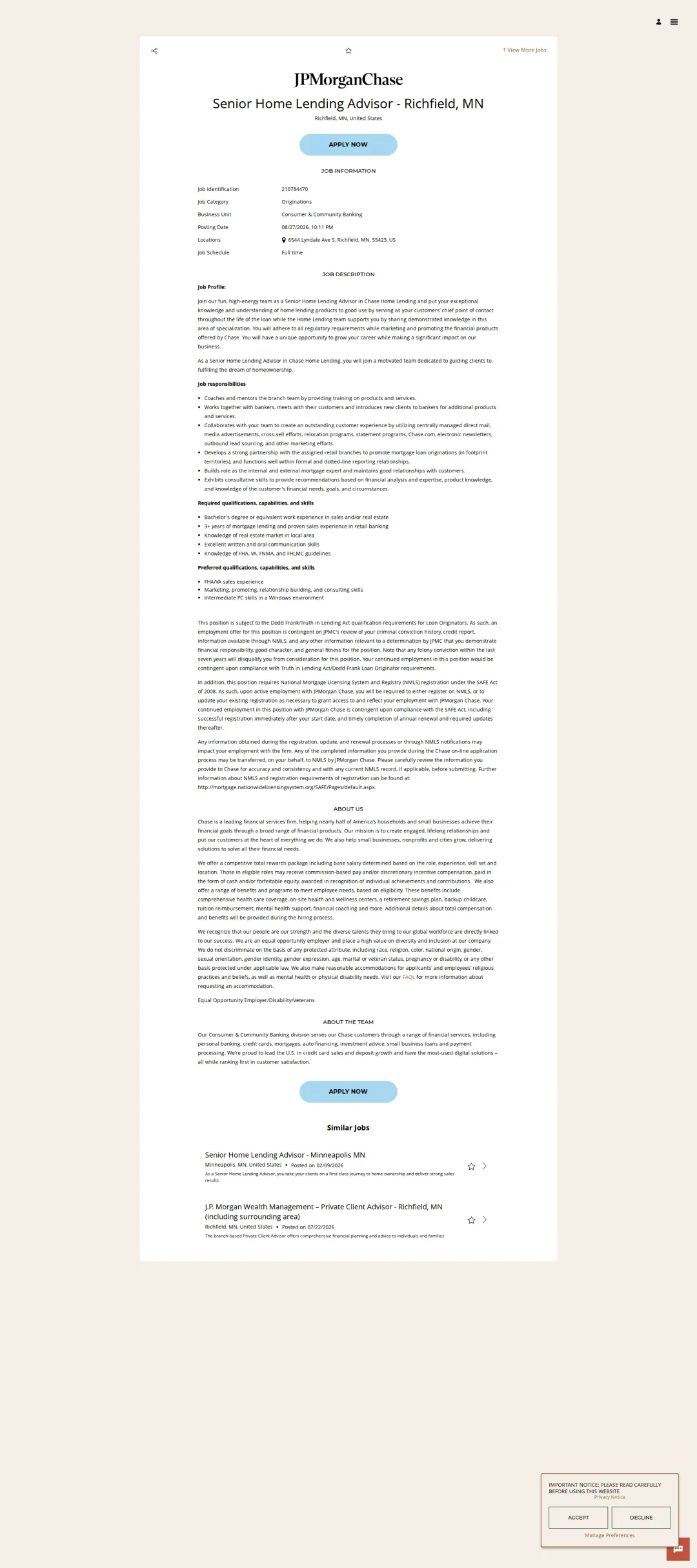 JPMorganChase Senior Home Lending Advisor - Richfield, MN 채용공고