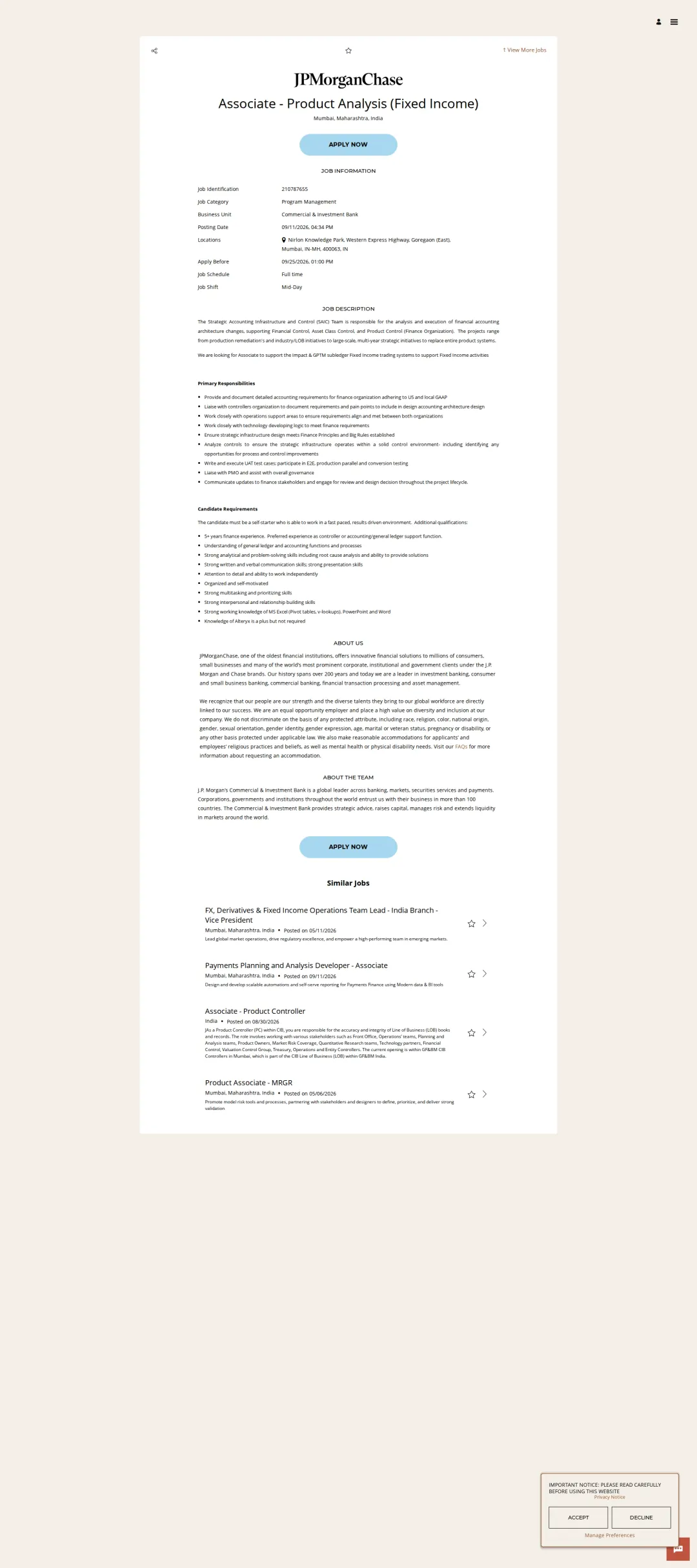 JPMorganChase Associate - Product Analysis (Fixed Income) 채용공고