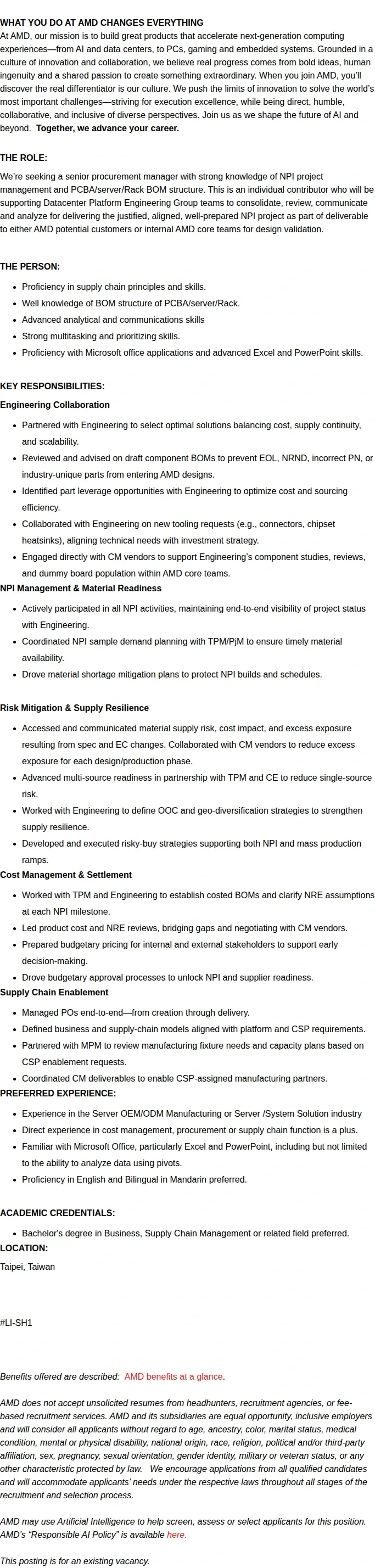 AMD Strategic Sourcing Manager (PCBA/Server/Rack BOM) 채용공고