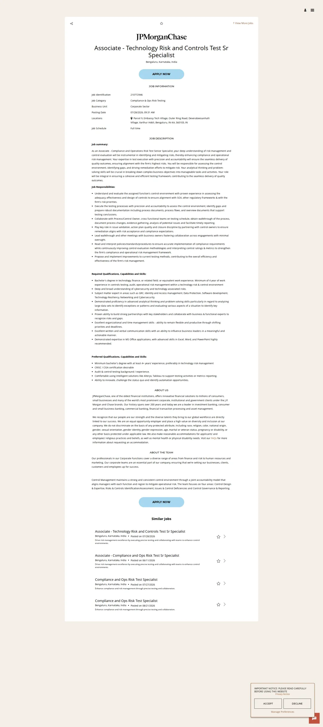 JPMorganChase Associate - Technology Risk and Controls Test Sr Specialist 채용공고