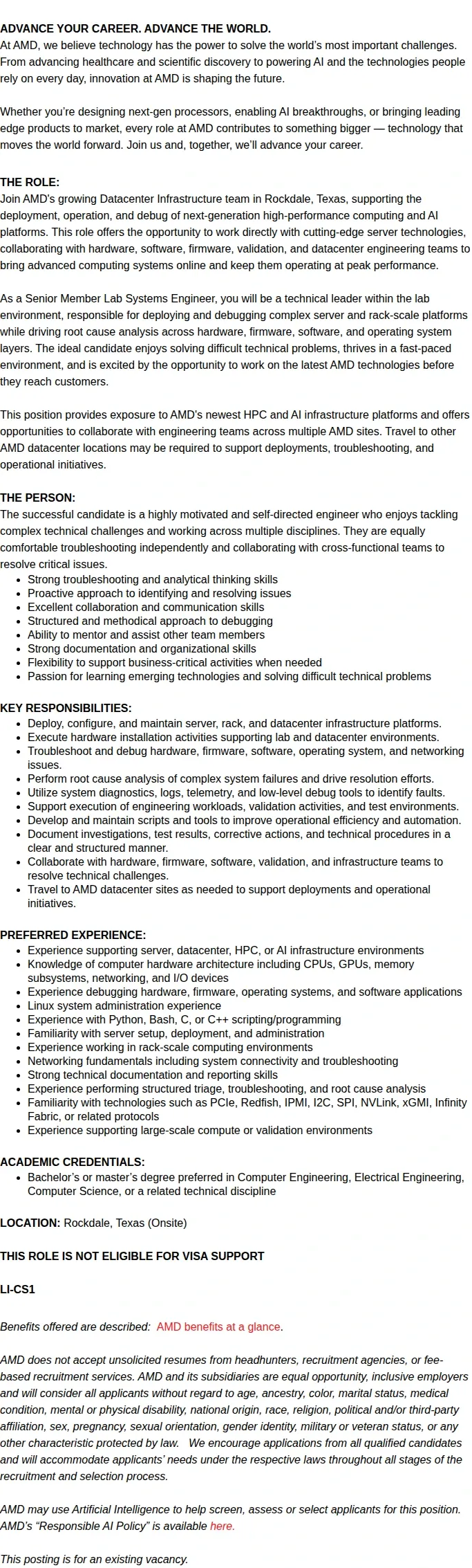AMD Senior Lab Systems Engineer 채용공고