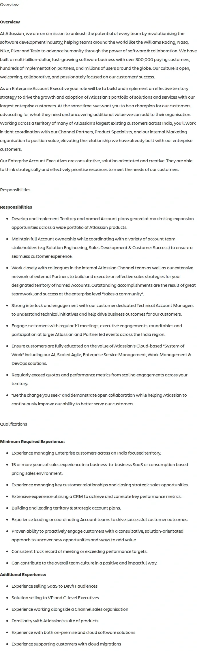 아틀라시안 Account Executive, Enterprise (India) 채용공고