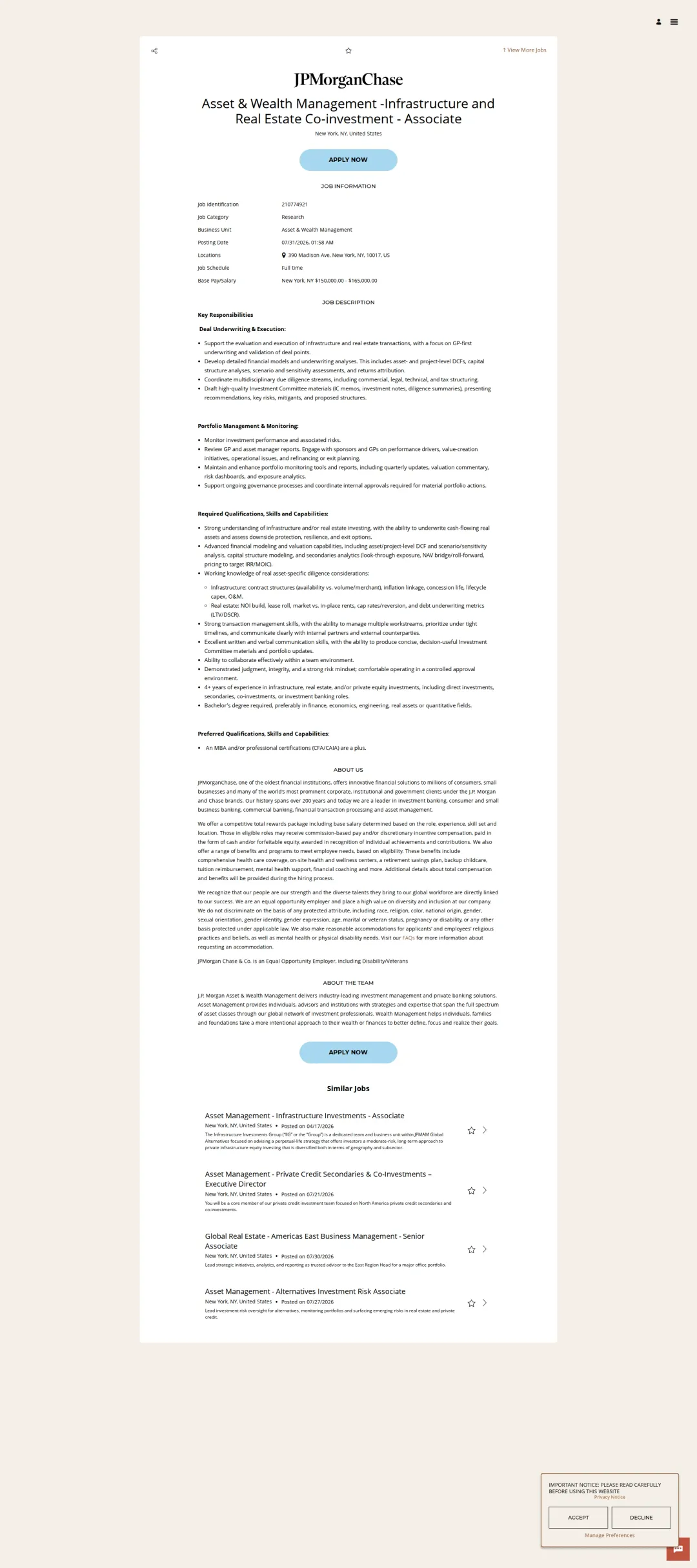 JPMorganChase Asset & Wealth Management -Infrastructure and Real Estate Co-investment - Associate 채용공고