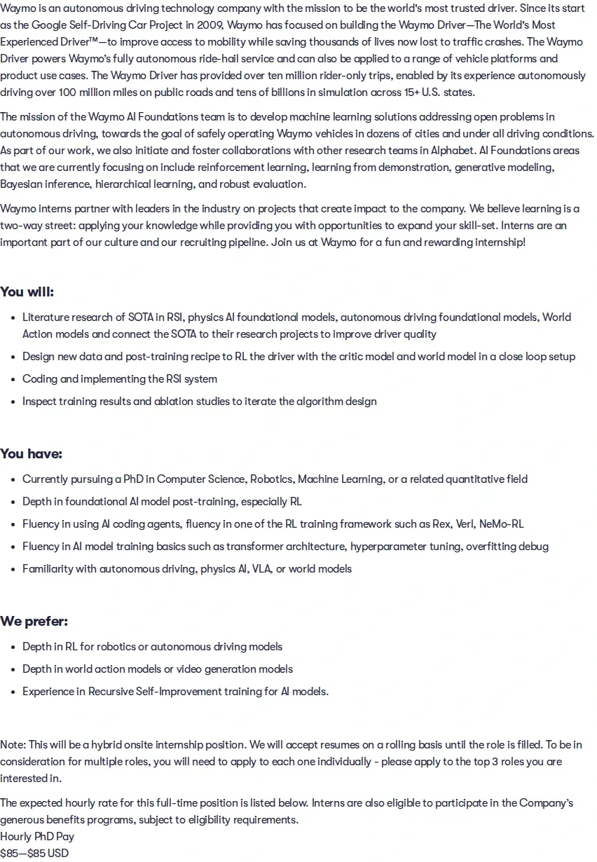웨이모 2027 Summer Intern, PhD, Research, RSI for Autonomous Driving 채용공고