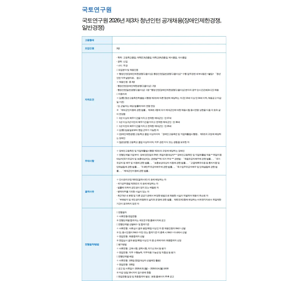국토연구원 국토연구원 2026년 제3차 청년인턴 공개채용(장애인제한경쟁, 일반경쟁) 채용공고