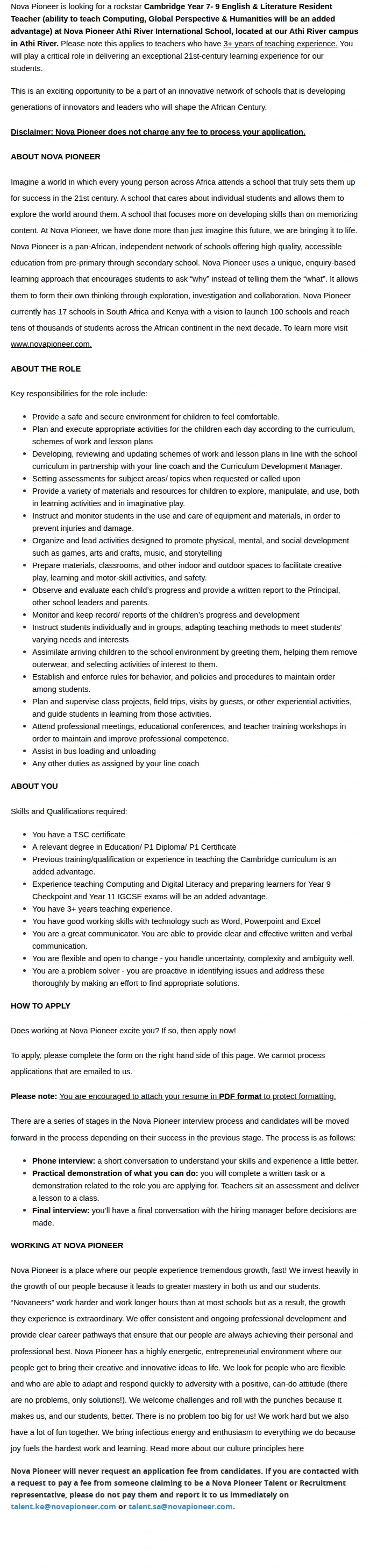 Nova Pioneer Cambridge Year 7-9 English & Literature Resident Teacher (Athi River International) 채용공고