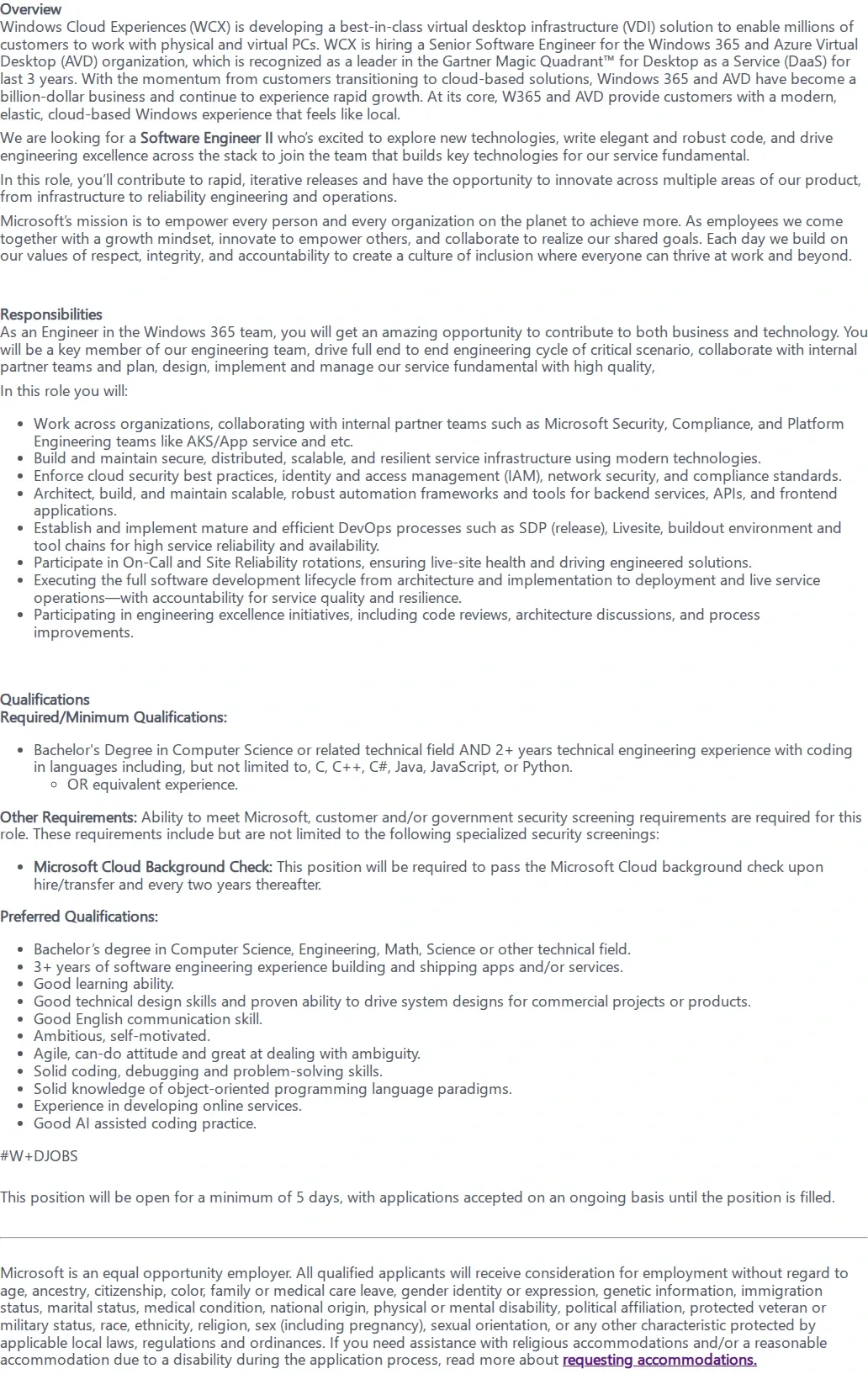 마이크로소프트(Microsoft) Software Engineer II - Windows 365 채용공고