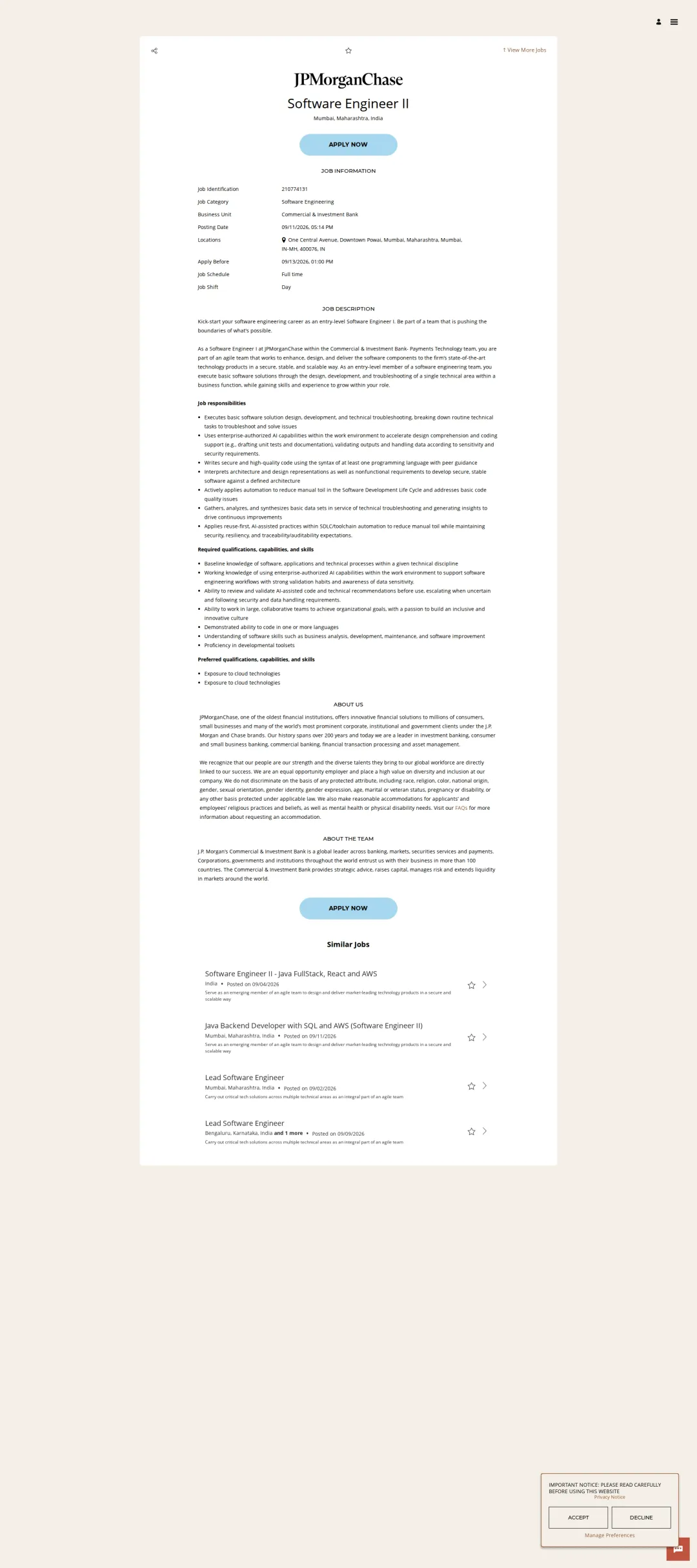 JPMorganChase Software Engineer II 채용공고