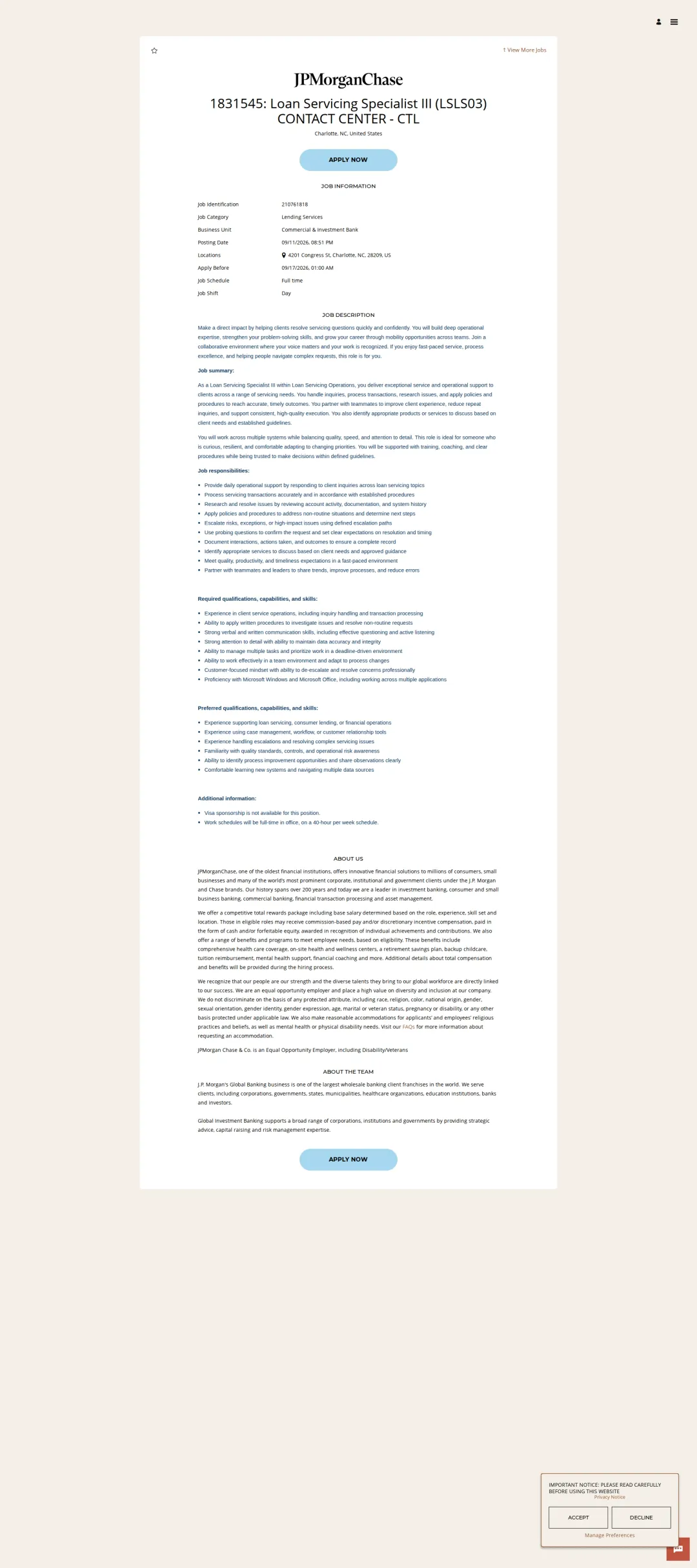 JPMorganChase 1831545: Loan Servicing Specialist III (LSLS03) CONTACT CENTER - CTL 채용공고