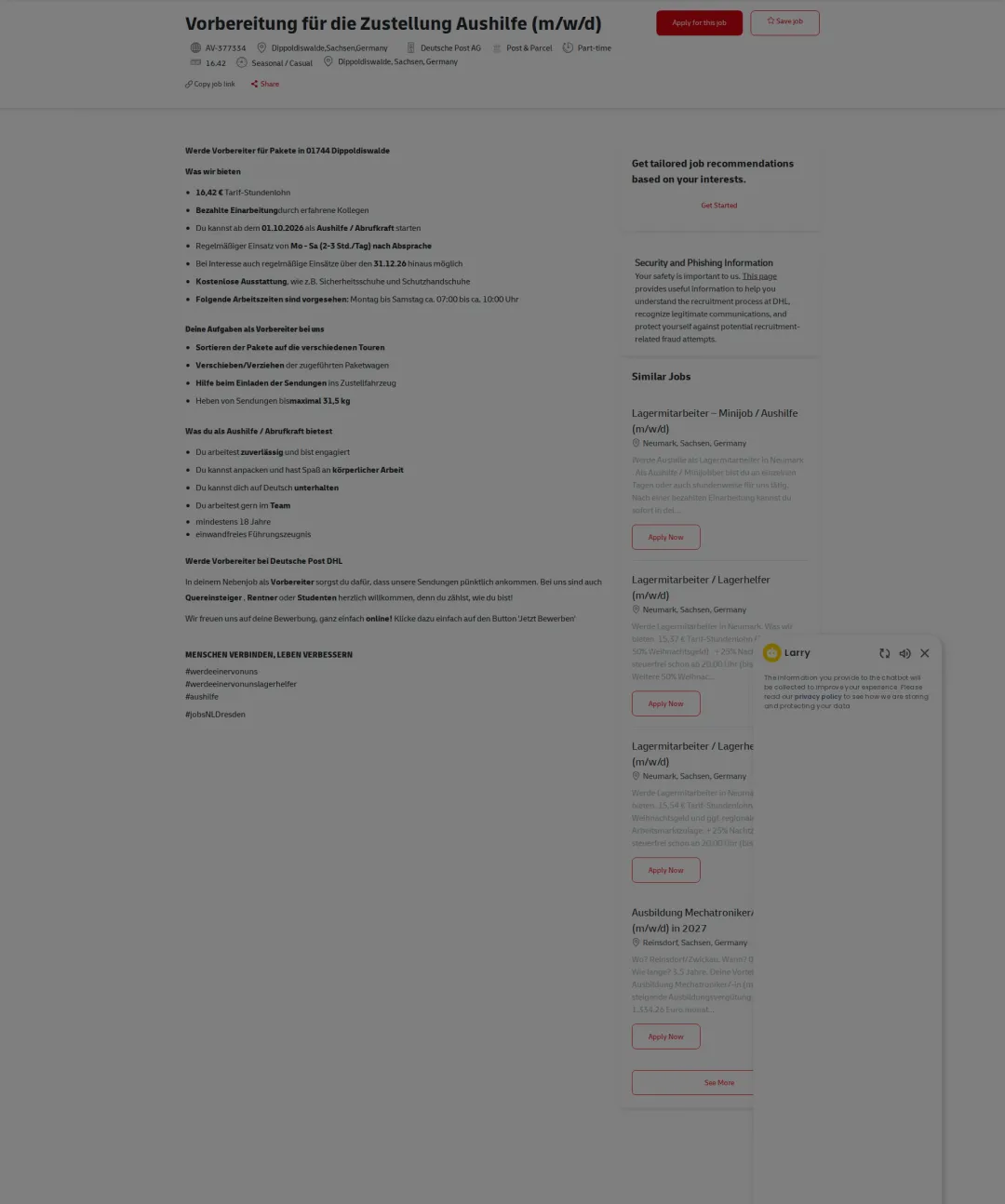 DHL Vorbereitung für die Zustellung Aushilfe (m/w/d) 채용공고