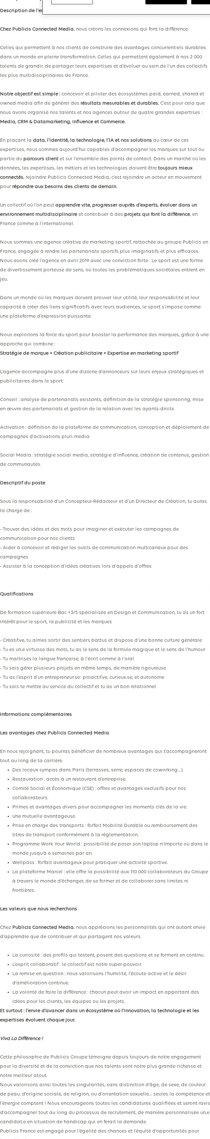 Publicis Groupe Stage Janvier 2027 - Assistant Concepteur Rédacteur - PUBLICIS SPORT  (H/F) 채용공고