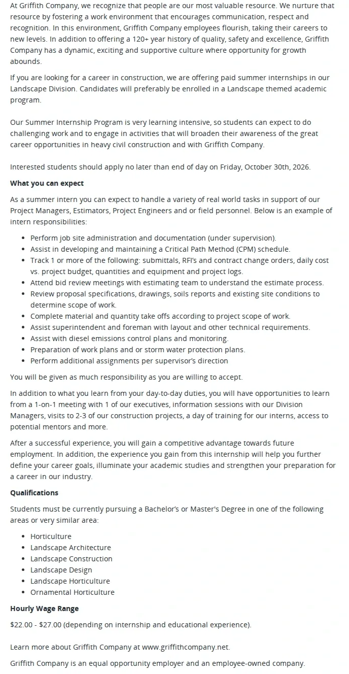 Griffith Company Summer Intern (Landscape Division) - 2027 채용공고