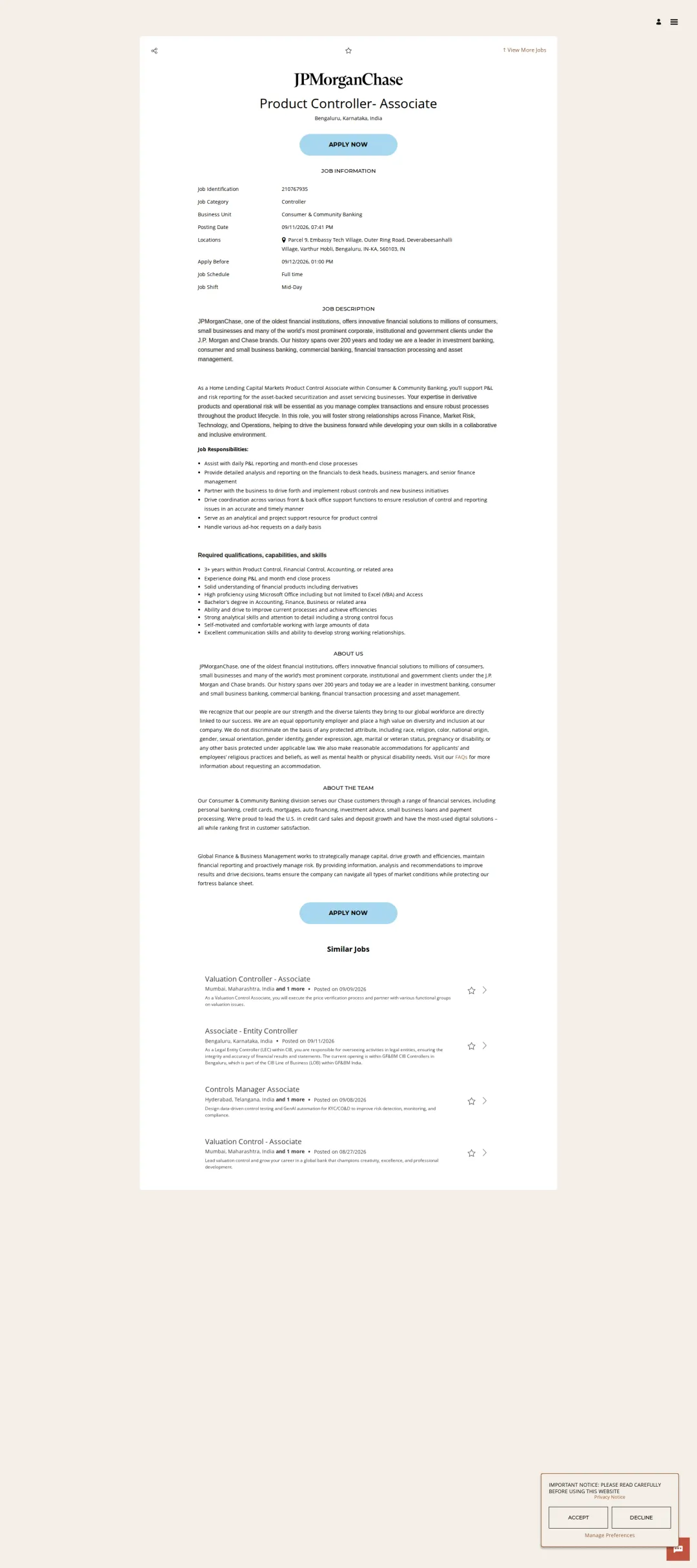 JPMorganChase Product Controller- Associate 채용공고