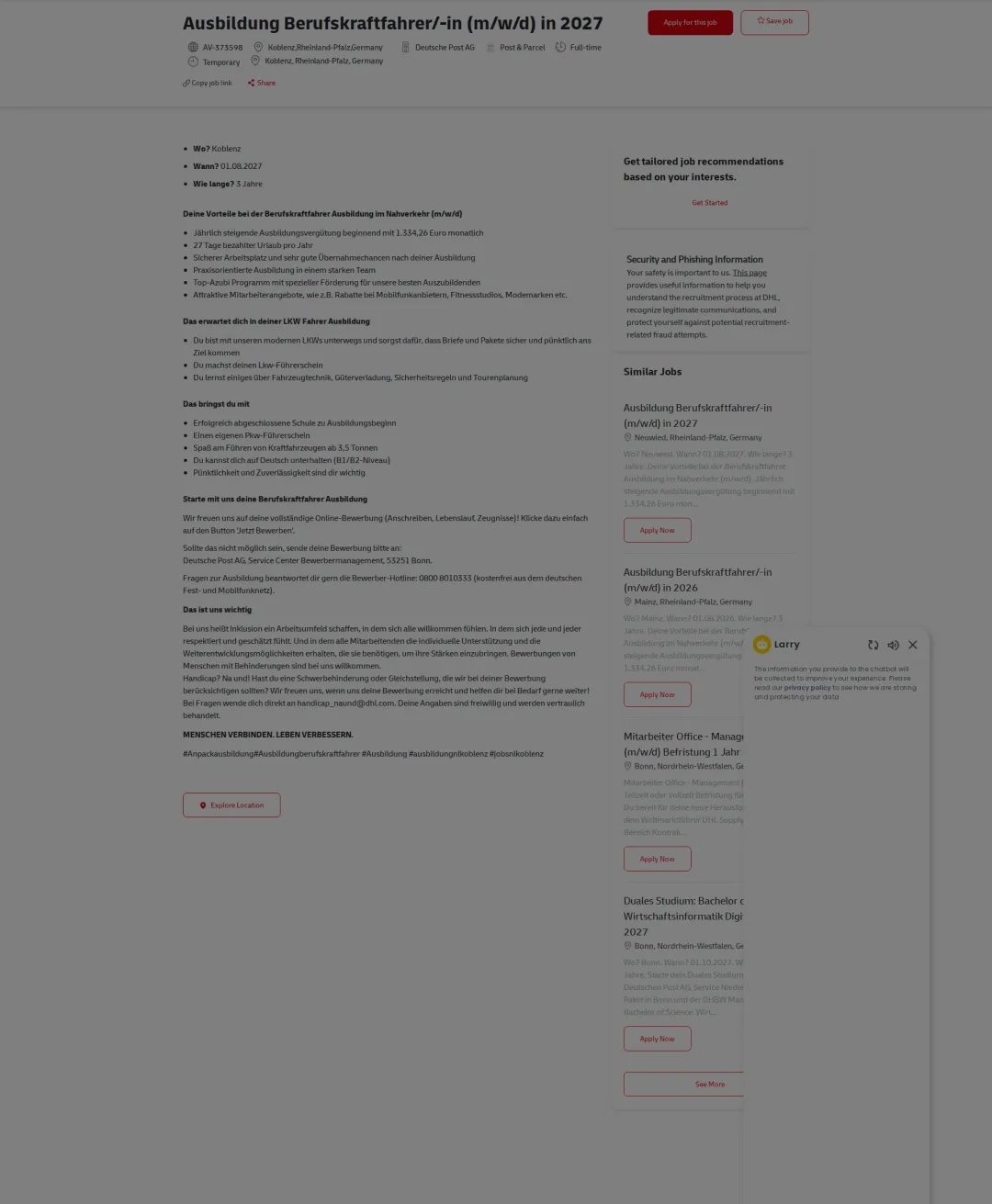 DHL Ausbildung Berufskraftfahrer/-in (m/w/d) in 2027 채용공고