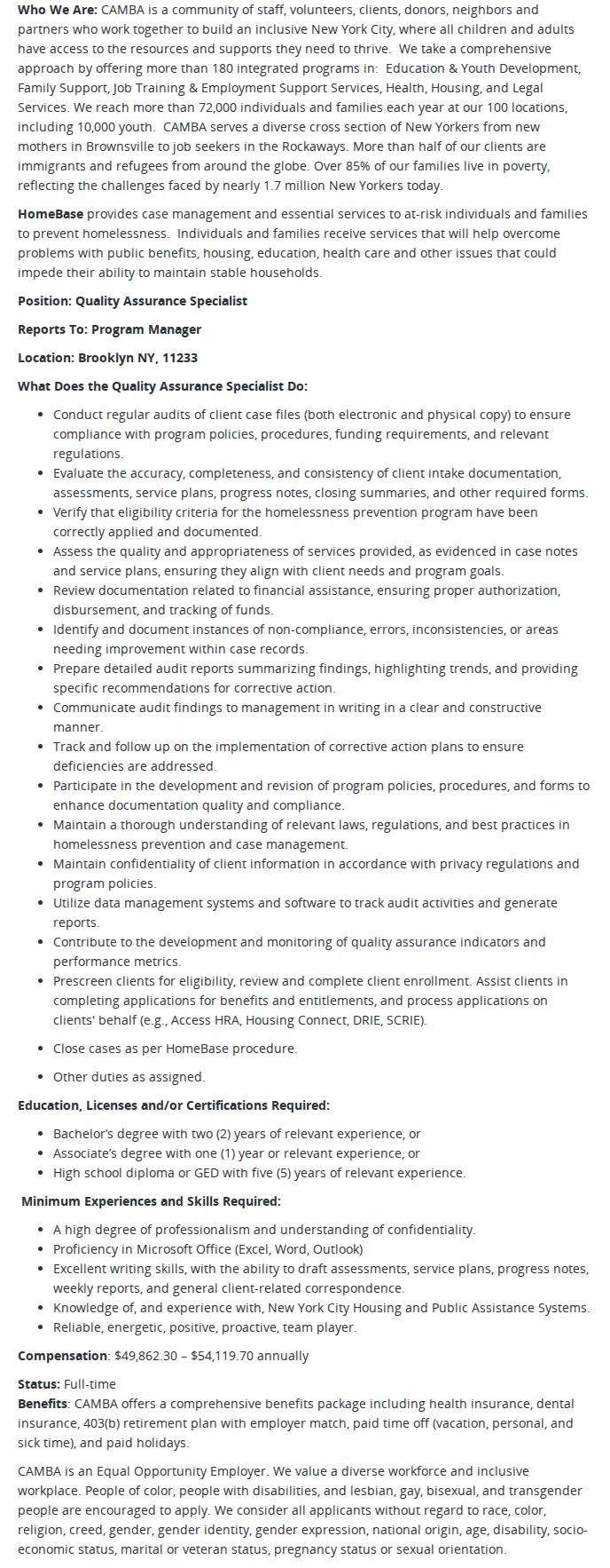 CAMBA Quality Assurance Specialist, HomeBase 채용공고